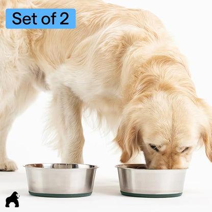 GORILLA GRIP Dog Bowls, Heavy Duty 304 Stainless Steel, Holds 6 Cups Each (48 fl oz) Food and Water Bowl for Feeding Dogs and Cats, Dishwasher Safe, Rust Resistant, BPA Free Rubber Base Set of 2 Green