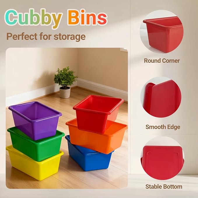 RAUVOLFIA 6 Pack Small Cubby Bin Storage Bins, Multi-Purpose Plastic Storage Bins Stackable Organizer Storage Cubbies for Home, Playroom, Classroom (Rainbow)
