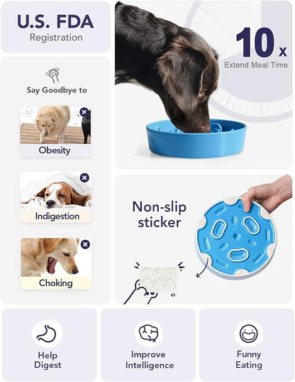 LE TAUCI Slow Feeder Dog Bowls Ceramic, 3 Cups Slow Feeding Dog Bowl Medium Large Breed, Puzzle Pet Dishes,Vortex Blue