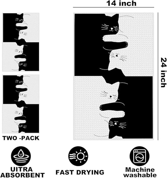 Hanamiya Na 2 Pcs Cute Cat Kitchen Towels 24x14 Inch, Cats Gifts Reusable Dish Towels for Kitchen Home Bathroom Decor, Waffle Weave Hand Cloth Tea Towel, Gifts for Cat Lovers Women Friend Girls