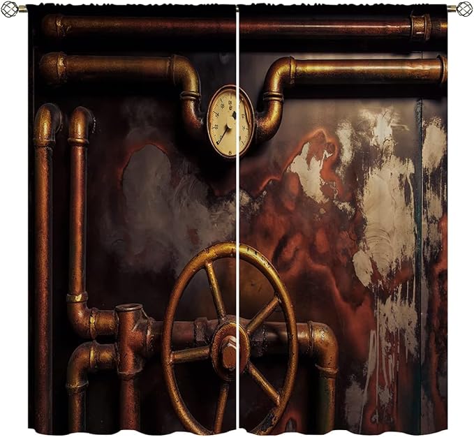 Steampunk Blackout Curtains Home Decor,Vintage Steampunk steam Pipes Pressure Rod Pocket Thermal Insulated Drapes Darkening Window Curtain for Bedroom Living Room 72 x 63 Inch