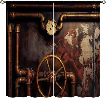 Steampunk Blackout Curtains Home Decor,Vintage Steampunk steam Pipes Pressure Rod Pocket Thermal Insulated Drapes Darkening Window Curtain for Bedroom Living Room 84 x 84 Inch