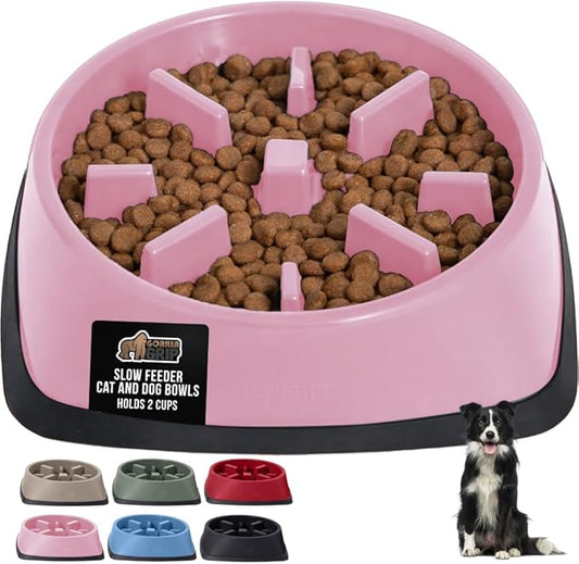 GORILLA GRIP Patented BPA Free Slow Feeder Dog Bowls, Interactive Puzzle Toy for Dogs and Cats Food Training Enrichment, Keeps Pets Busy and Prevents Puppy Overeating, All Breeds, 2 Cup, Pink
