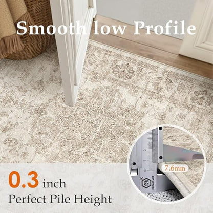 Washable Runner Rug 2x6 for Hallway Beige Neutral Vintage Long Carpet Soft Low Pile Non Slip Throw Rug Floral Distressed Accent Rug for Entryway Bathroom Office Laundry Dining Room