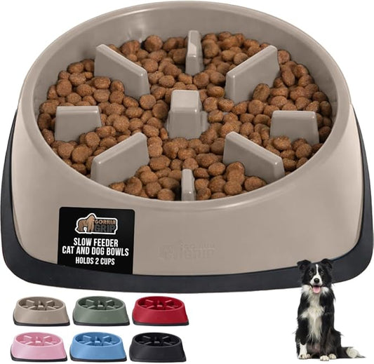 GORILLA GRIP Patented BPA Free Slow Feeder Dog Bowls, Interactive Puzzle Toy for Dogs and Cats Food Training Enrichment, Keeps Pets Busy and Prevents Puppy Overeating, All Breeds, 2 Cup, Beige