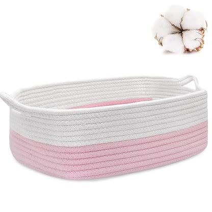 ABenkle Small Storage Basket with Handles, Cotton Rope Woven Dog Cat Toy Bin, Decorative Shelves Closet Organizing for Nursery Laundry Bedroom Bathroom, 14.2''x 11''x 5.1''