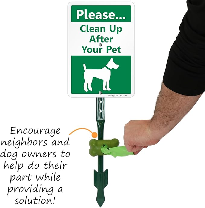 SmartSign Please Clean Up After Your Pet Yard Sign & Clip-On Dispenser Combo/Kit, 7"x10" Rust-proof Aluminum Sign with 18-inch Steel Stake, Compact Dispenser Preloaded with a 15 Dog Poop Bags Roll