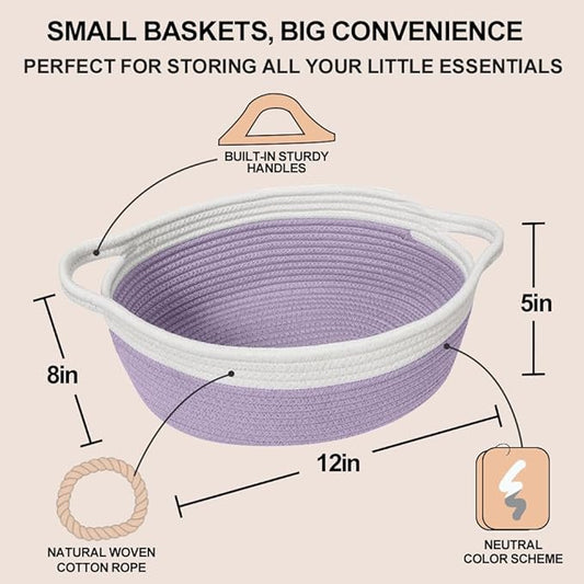 Woven Cotton Rope Gift Basket, Small Baskets for Gifts Empty, Cute Baby Nursery Basket, Pet Toy Storage Bin for Dog Cat, Decorative Wicker Home Organizer with Handles, 12"x 8"x 5", Purple