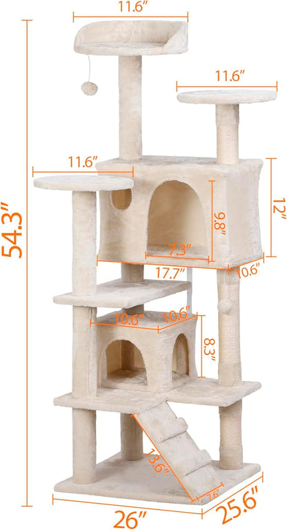 ZENY 55 inches Cat Tree with Sisal-Covered Scratching Posts and 2 Plush Rooms Cat Furniture for Kittens