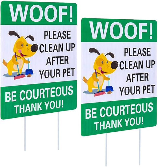 WaaHome Pack of 2 Double Sided Woof Please Clean Up After Your Pet Yard Signs with Stakes, 8"X12" Funny No Poop Pee Dog Yard Sign Lawn Sign