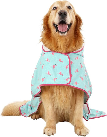 HDE Dog Bathrobe Super Absorbent Quick Drying Puppy Towel Wrap Coat Adjustable After Bath Robes with Hood for Dog Sizes S-XXL Flamingos L