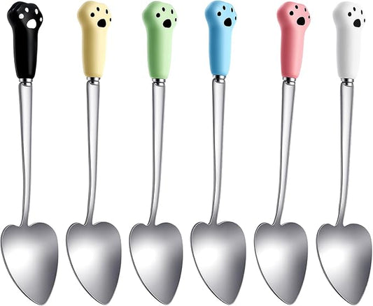 6 Pcs Cat Spoons for Wet Food,Cat Spoon,Stainless Steel Dog Cats Pet Food Can Spoons,Cute Pet Claw Foods Scoop with 5.9 In Long Handle(Pink,Black,White,Beige,Blue,Green)
