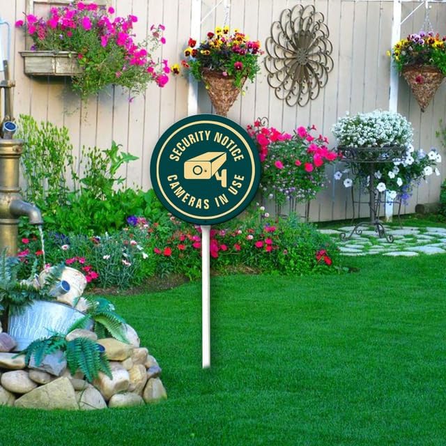 Uptell Metal Round Camera Security Service Video Surveillance Warning Yard Sign 9.2x9.2 Inch Classic Outdoor Lawn Decorations, Protect Your Grass & Property,With Stake 12.8"