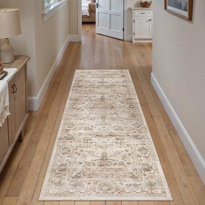 Washable Runner Rug 2x6 for Hallway Beige Vintage Long Carpet Soft Low Pile Non Slip Throw Rug Floral Distressed Accent Rug for Entryway Bathroom Office Laundry Dining Room