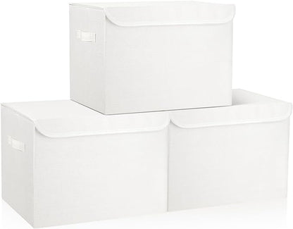 Large 17" 42 Quarts Collapsible Stackable Storage Bins with Lids [3-Pack] Foldable Fabric Linen Storage Boxes Cube, Closet Organizer Baskets with Label (16.7 x 12 x 12, White)