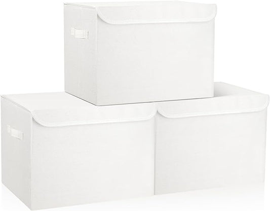 Large 17" 42 Quarts Collapsible Stackable Storage Bins with Lids [3-Pack] Foldable Fabric Linen Storage Boxes Cube, Closet Organizer Baskets with Label (16.7 x 12 x 12, White)