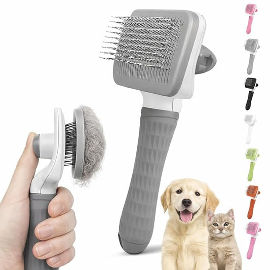 Generic Pet Grooming Brush, Gray - Self Cleaning Dematting Comb for Cats and Dogs, Bristles with Massage Particles, Ergonomic Handle Design, Easy to Use, for Long or Short Hair Breeds, Stainless Steel