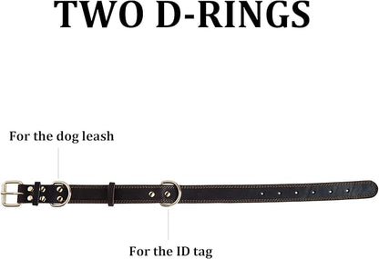 Leather Dog Collar, Heavy Duty Wide Dog Collar for Small,Medium,Large and Extra Large Dogs (M: 1" Wide for 15.2"-19.2" Neck, Dual Stitch - Brown)