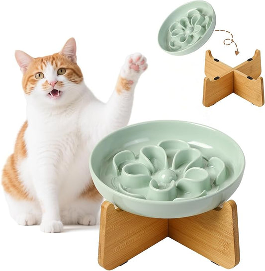 Elevated Slow Feeder Cat Bowl - Melamine Cat Dish with Anti-Slip Bamboo Stand - Whisker Friendly Feeding Bowl - Floral Maze Food Plate for Slow Eating - Green