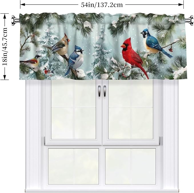 Worltoldb Winter Cardinal Bird Curtain Valance Short Rod Pocket Window Treatment for Living Room Bedroom Kitchen Bathroom 1 Panel 54" W x 18" L