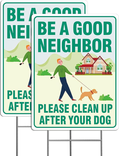 Clean Up After Your Dog Signs, 2 Pack 12.6" x 9.5" with Metal Stake, No Pooping Dog Signs with UV Protected & Waterproof, Double Sided Pick Up After Your Sign for Yard