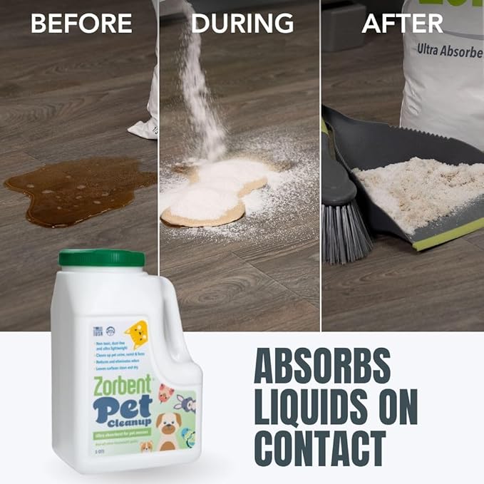 Zorbent Pet Accident Cleanup – Odor Remover for Dog & Cat Messes. Absorbs 1 Gallon. Pet-Safe Cleaner for Urine, Vomit, Poop & Accidents on Hardwood, Tile, Vinyl, Concrete, Short Carpet & Rugs, 5 qt