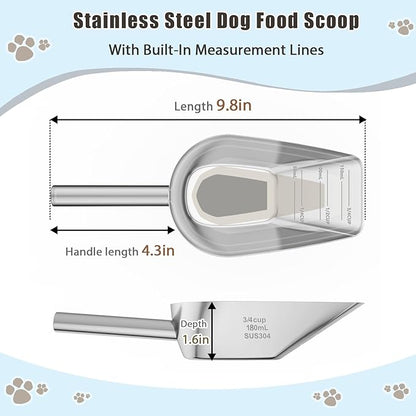 Dog-Cat Food Scoop 3/4 Cup / 6oz, Aloxina Thickened 304 Stainless Steel Pet Food Scoop with Long Handle, Precision Scale, Easy to Clean, Suitable for Wet and Dry Food
