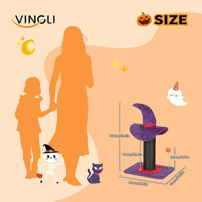 VINGLI 23.7in Wizard Hat Cat Scratching Post with Spring Ball Toy for Indoor Cats, Halloween Cat Scratcher with Purple Wizard Hat Design, Sisal Wrapped Cat Scratcher