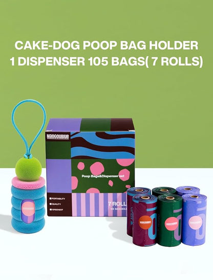 Dog Poop Bags with Dispenser, Leak Proof and Extra Thick Pet Waste Bags for Walking Dog and Cats Litter (Blue Fuzz-7 Rolls(105 Bags))