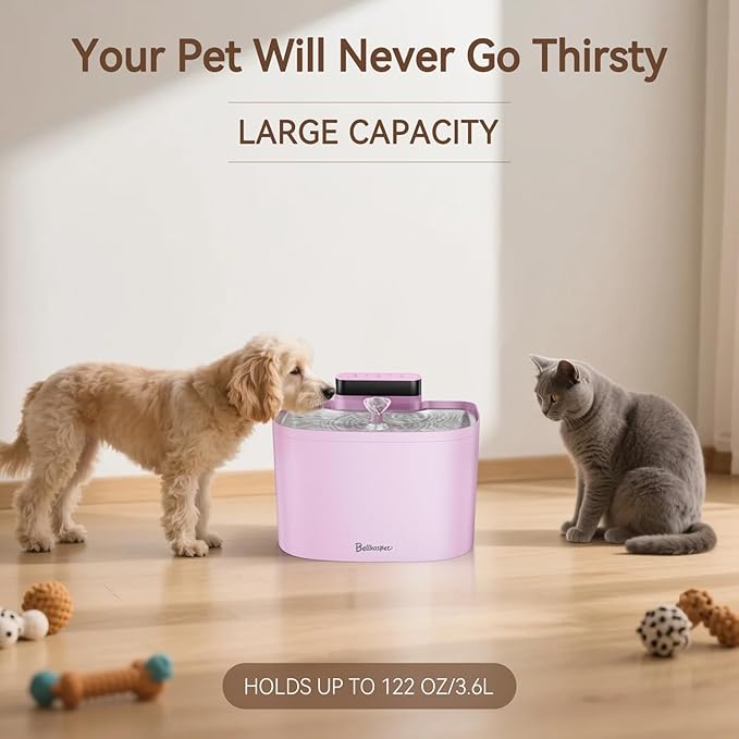 Cat Water Fountain, 122oz/3.6L Pumpless Wireless Cat Fountain, Cordless Water Fountains for Cats Indoor, Battery Operated Dog Pet Water Fountain with Stainless Steel Tray (Pink, Fountain+2 Fliters)