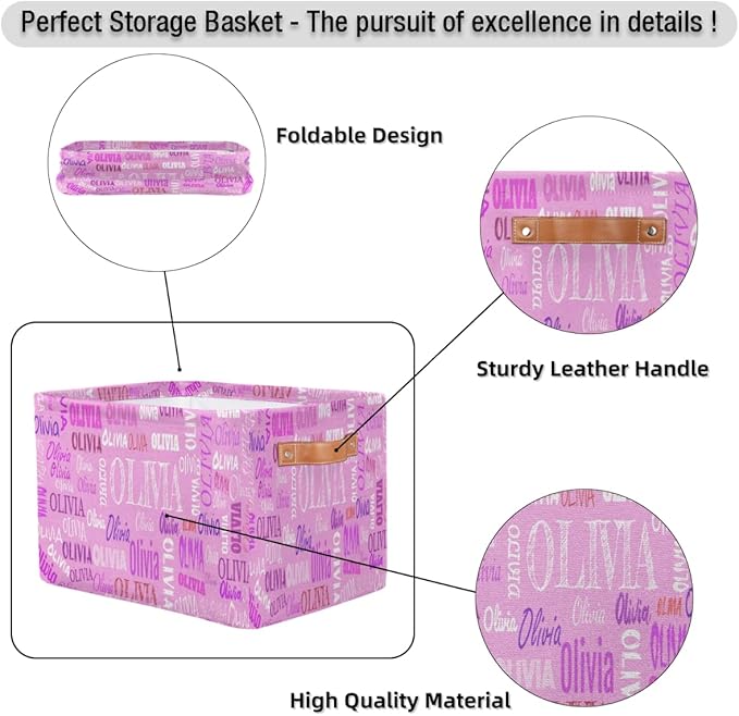 Personalized Storage Bins, Customized Name Storage Basket Rectangle Clothes Organizer for Organizing Kids and Pets Toys Shelf Closet, Pink Color Background