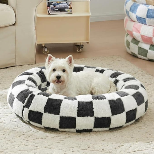 Checkered Dog Bed, Cute Black White Retro Style Aesthetic Round Warming Pet Calming Beds for Small Dog and Cats, Plush Cozy Donut Dog Beds Washable, 30" L x 30" W x 8" Th
