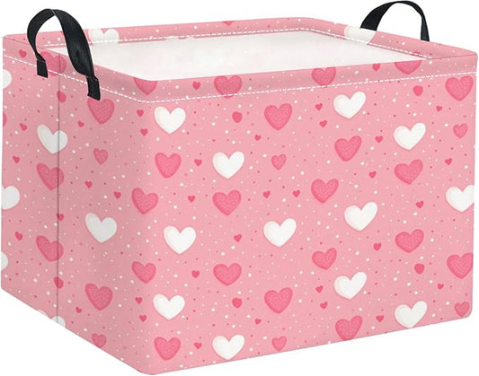 HIYAGON Rectangular Valentines Basket Baby Girl Storage Bin Pink Basket Organizer Box Heart Room Decor(Pink Hearts)