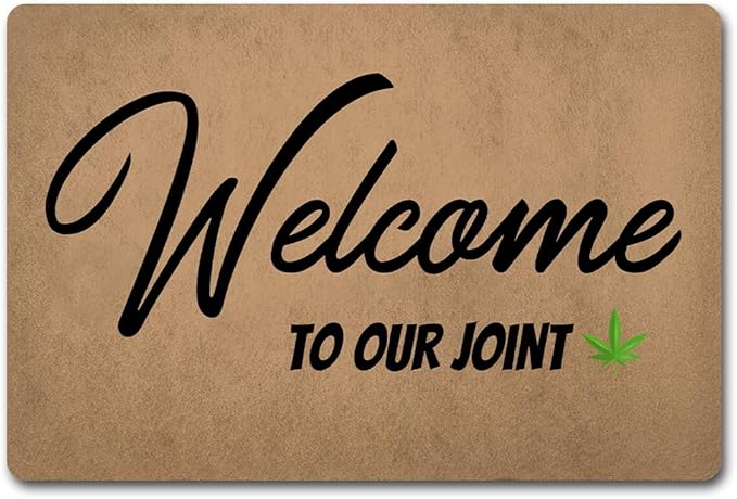 Funny Welcome Doormat (23.7 in X 15.6 in) Anti-Slip Rubber Back Entrance Way Indoor Front Porch Decor Rugs House Warming Gift (Welcome to Our Joint with Cannabis Leaf)