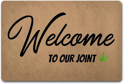 Funny Welcome Doormat (23.7 in X 15.6 in) Anti-Slip Rubber Back Entrance Way Indoor Front Porch Decor Rugs House Warming Gift (Welcome to Our Joint with Cannabis Leaf)