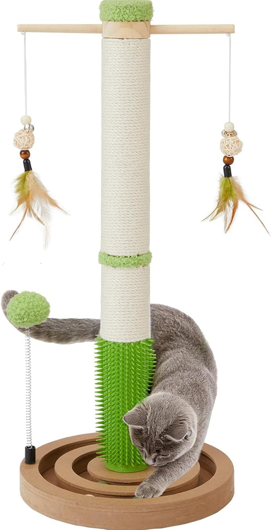 Cat Scratching Post, 26 Inch Tall Scratching Posts for Indoor Cats Adults and Kittens, Small Cat Scratch Post with Rotatable Hanging Toys, Rubber Brush and Double-Layer Interactive Wooden Ball Track