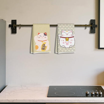 2 Pcs Japanese Lucky Cat Kitchen Towels 24x14 Inch, Maneki Neko Gifts Reusable Dish Towels for Kitchen Bathroom Decor, Waffle Weave Hand Cloth Tea Towel, Cute Cat Gifts for Women Mom Friend