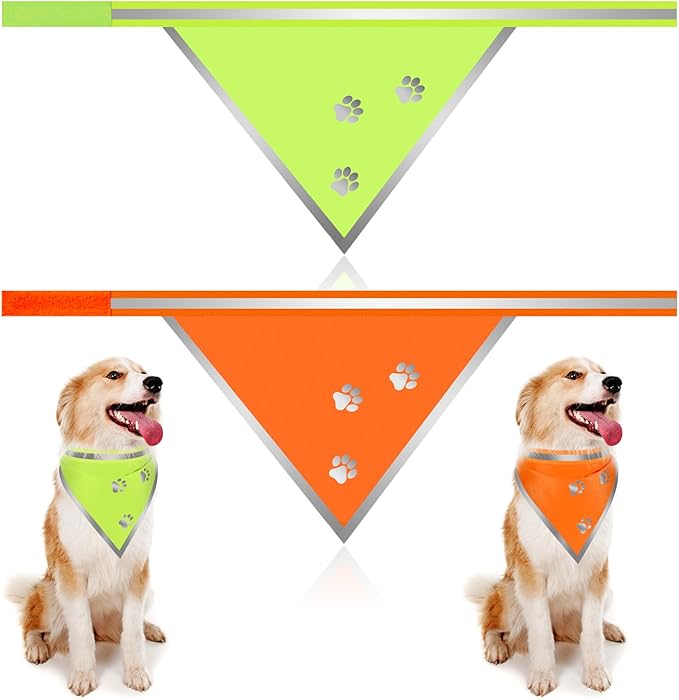 2 Pcs Reflective Dog Bandana High Visibility Neon Orange Green Dog Reflective Scarf Bibs Scarf Safety Accessories for Camping Night Walking Off Leash Exploration