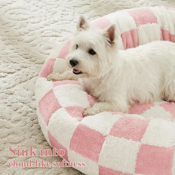 Checkered Dog Bed, Cute Girly Pink Retro Style Aesthetic Round Warming Pet Calming Beds for Small Dog and Cats, Plush Cozy Donut Dog Beds Washable, 30" L x 30" W x 8" Th
