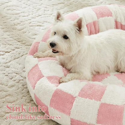 Checkered Dog Bed, Cute Girly Pink Retro Style Aesthetic Round Warming Pet Calming Beds for Small Dog and Cats, Plush Cozy Donut Dog Beds Washable, 30" L x 30" W x 8" Th