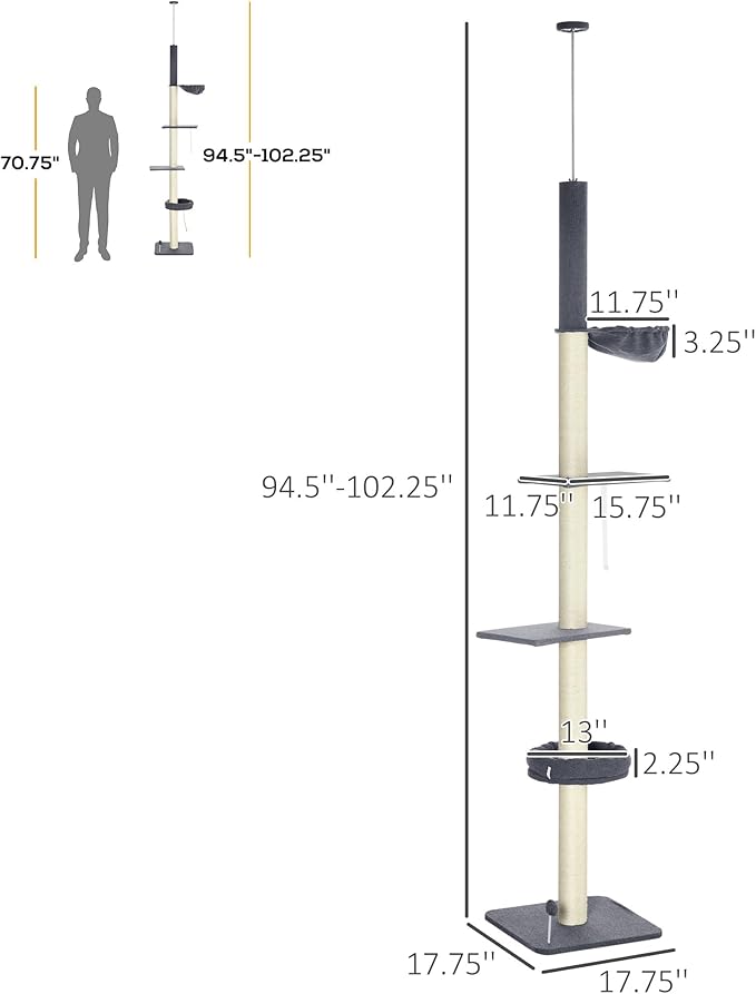 PawHut Floor to Ceiling Cat Tree, 5-Tier Cat Climbing Tower, 95''-106'' Height Adjustable with Carpeted Platforms, Cozy Bed, Hammock, Scratching Post & Toy Ball for Indoor Cats, Dark Gray and Cream