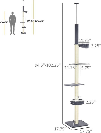 PawHut Floor to Ceiling Cat Tree, 5-Tier Cat Climbing Tower, 95''-106'' Height Adjustable with Carpeted Platforms, Cozy Bed, Hammock, Scratching Post & Toy Ball for Indoor Cats, Dark Gray and Cream