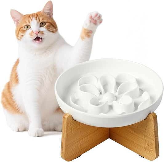 Elevated Slow Feeder Cat Bowl - Melamine Cat Dish with Anti-Slip Bamboo Stand - Whisker Friendly Feeding Bowl - Floral Maze Food Plate for Slow Eating - White