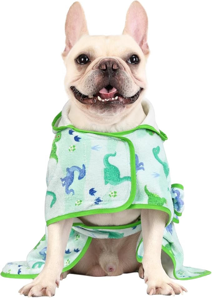 HDE Dog Bathrobe Super Absorbent Quick Drying Puppy Towel Wrap Coat Adjustable After Bath Robes with Hood for Dog Sizes S-XXL Cute Dinosaurs M