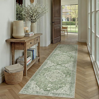 Green Runner Rug 2x8 Washable Vintage Long Carpet Low Pile Traditional Distressed Retro Accent Indoor Hallway Throw Rug Non Slip for Kitchen Laundry Bathroom Dining Room