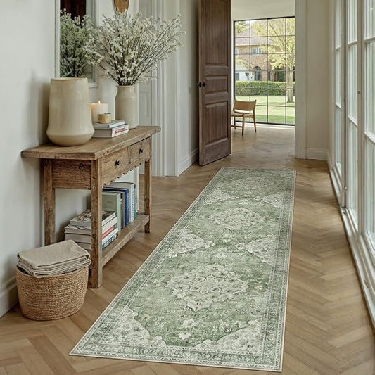 Green Runner Rug 2x8 Washable Vintage Long Carpet Low Pile Traditional Distressed Retro Accent Indoor Hallway Throw Rug Non Slip for Kitchen Laundry Bathroom Dining Room