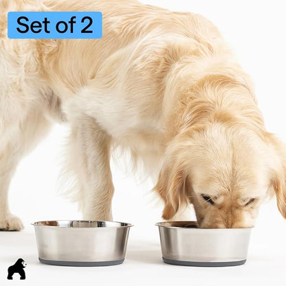 GORILLA GRIP Dog Bowls, Heavy Duty 304 Stainless Steel, Holds 6 Cups Each (48 fl oz) Food and Water Bowl for Feeding Dogs and Cats, Dishwasher Safe, Rust Resistant, BPA Free Rubber Base Set of 2 Gray