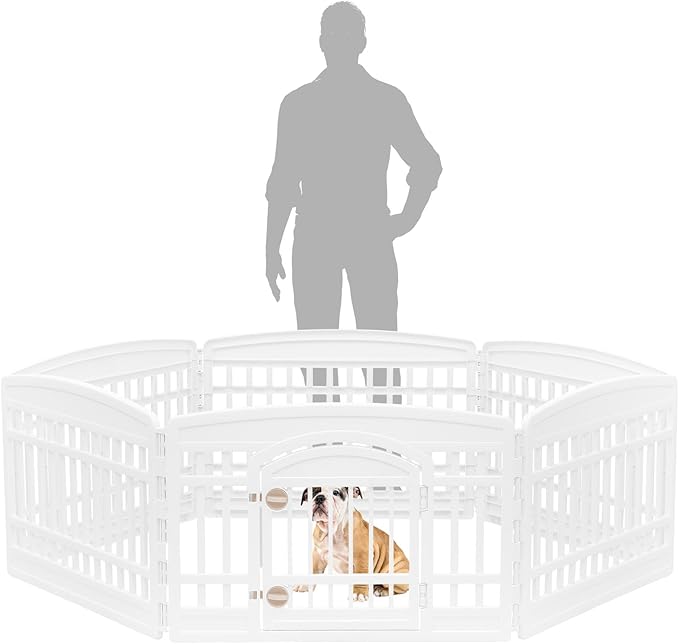 IRIS USA 24" Dog Playpen 6-Panel Pet Exercise Pen with Door Gate 61x61x24 Puppy Play Pen Indoor Outdoor Plastic Heavy Duty Foldable Portable Pet Fence for Small Medium Dogs Puppies Multiple Pets White