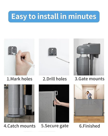 Retractable Baby Gate for Doorways and Stairs, Mesh Safety Gate for Pet, Indoor & Outdoor Use, One-Hand Operation, Easy Installation, 33.6" Tall, Expands to 71" Wide(Grey,33.6"x71")
