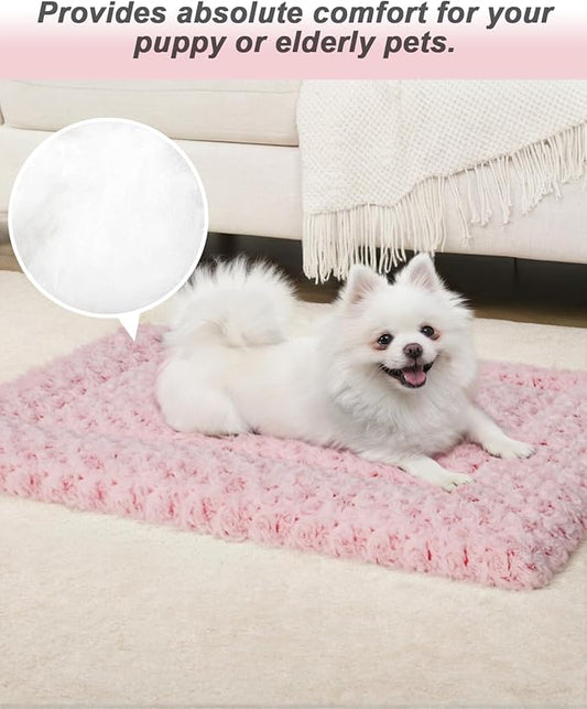 Washable Dog Bed Mat Crate Pad Soft Fluffy Pet Kennel Beds Dog Sleeping Mattress for Large Jumbo Medium Small Dogs, 35 x 22 Inch, Pink